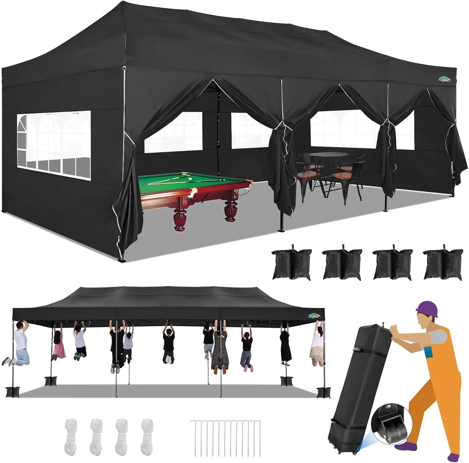 COBIZI 10x20 Heavy Duty Pop up Canopy Tent with 6 sidewalls Easy Up Commercial Outdoor Canopy Wedding Party Tents for Parties All Season Wind & Waterproof Gazebo with Roller Bag,Black(Frame Thickened) - Image 4