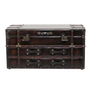 Roche River Decor Faux Leather or Linen Fabric Coffee Table Trunk with 2 Drawers and Buckle Hinged Top - Available in Dark Blue or Brown