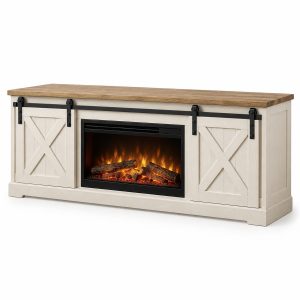 Cream White Barn Door Electric Fireplace TV Stand, 57.9-Inch