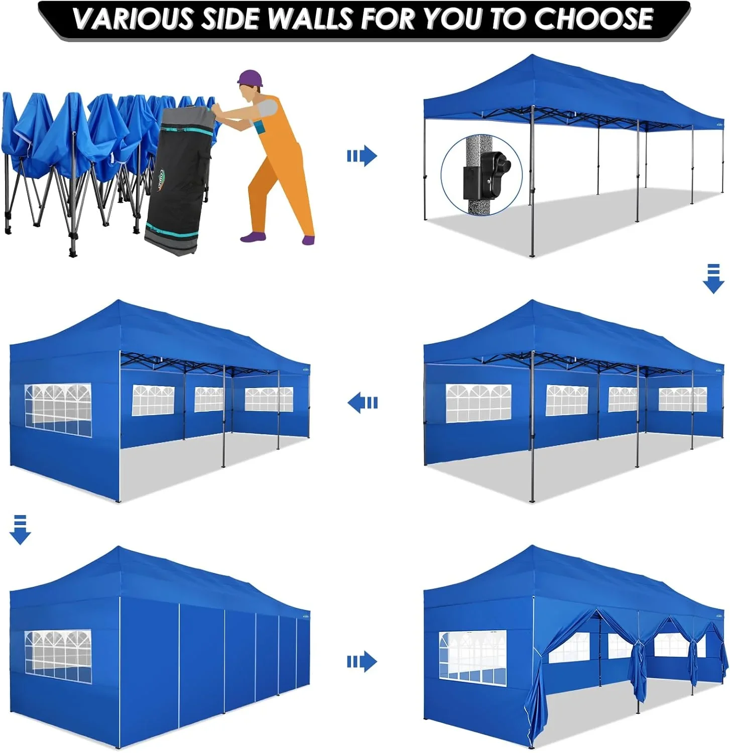COBIZI 10x20 Heavy Duty Pop up Canopy Tent with 6 sidewalls Easy Up Commercial Outdoor Canopy Wedding Party Tents for Parties All Season Wind & Waterproof Gazebo with Roller Bag,Black(Frame Thickened) - Image 97