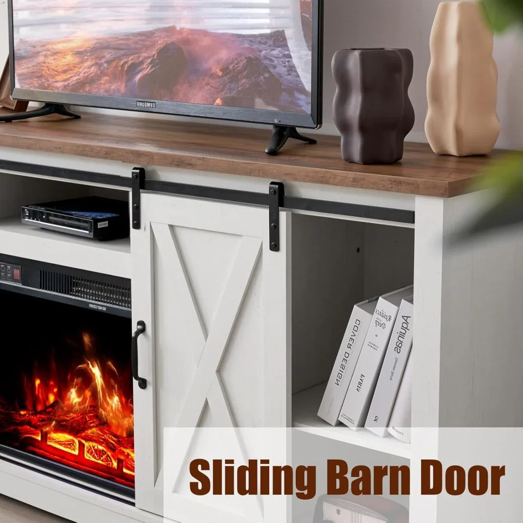 AMERLIFE Fireplace TV Stand with Sliding Barn Door for TVs up to 73", Farmhouse 63" Fireplace Entertainment Center with Storage Cabinets/Adjustable Shelves - Image 12