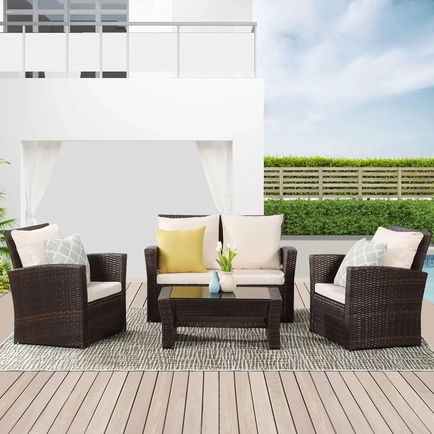 Wisteria Lane 4 Piece Outdoor Patio Furniture Sets, Wicker Conversation Set for Porch Deck, Grey Rattan Sofa Chair with Cushion Blue - Image 34