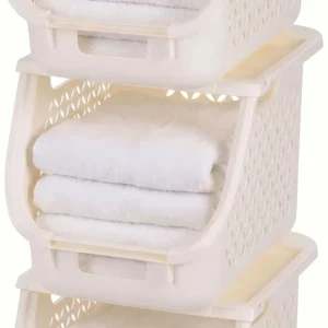 Laundry Basket Hamper, 40L - 3 Pack Stackable Plastic Clothes Sorter Bin with Lids | Off White