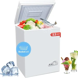 3.5 Cu.Ft Chest Freezer with a Removable Basket 7 Gears Adjustable Temperature Control(-18°F to -46°F), Deep Compact Freezer for Garage, Office, Basement, House, Kitchen, Shop, RVs-White