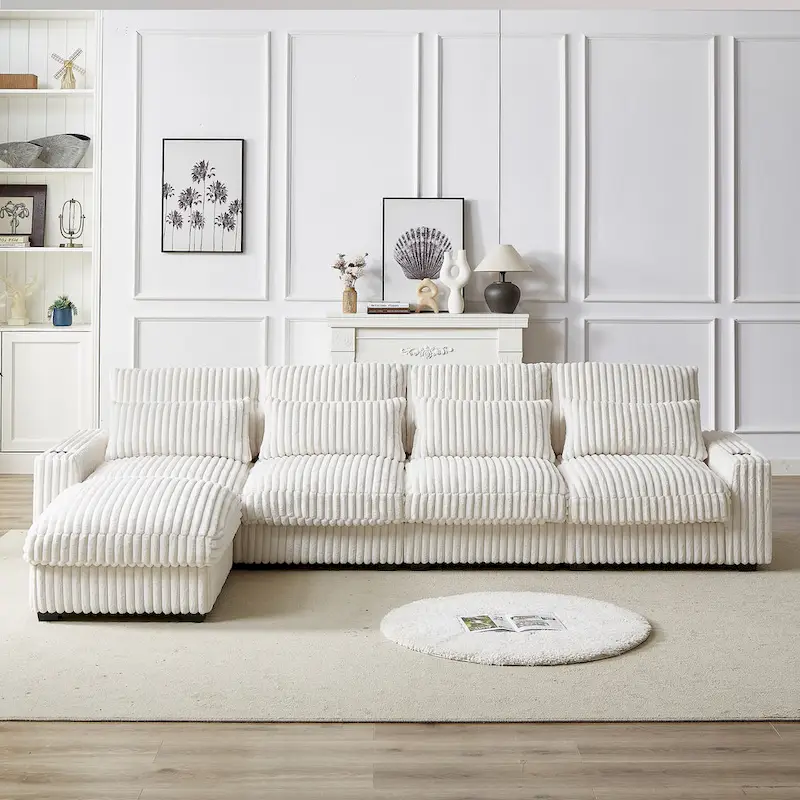 126W Large L-Shaped Corduroy Sofa with USB Charging Port - Image 15
