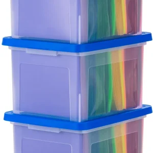 Plastic File Organizer Box With Lids Clear/Blue 35 Qt. 3 Pack