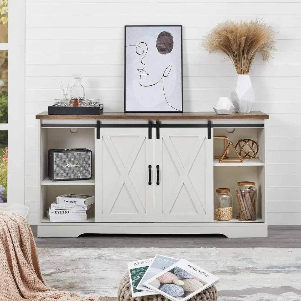 AMERLIFE Fireplace TV Stand with Sliding Barn Door for TVs up to 73", Farmhouse 63" Fireplace Entertainment Center with Storage Cabinets/Adjustable Shelves - Image 24