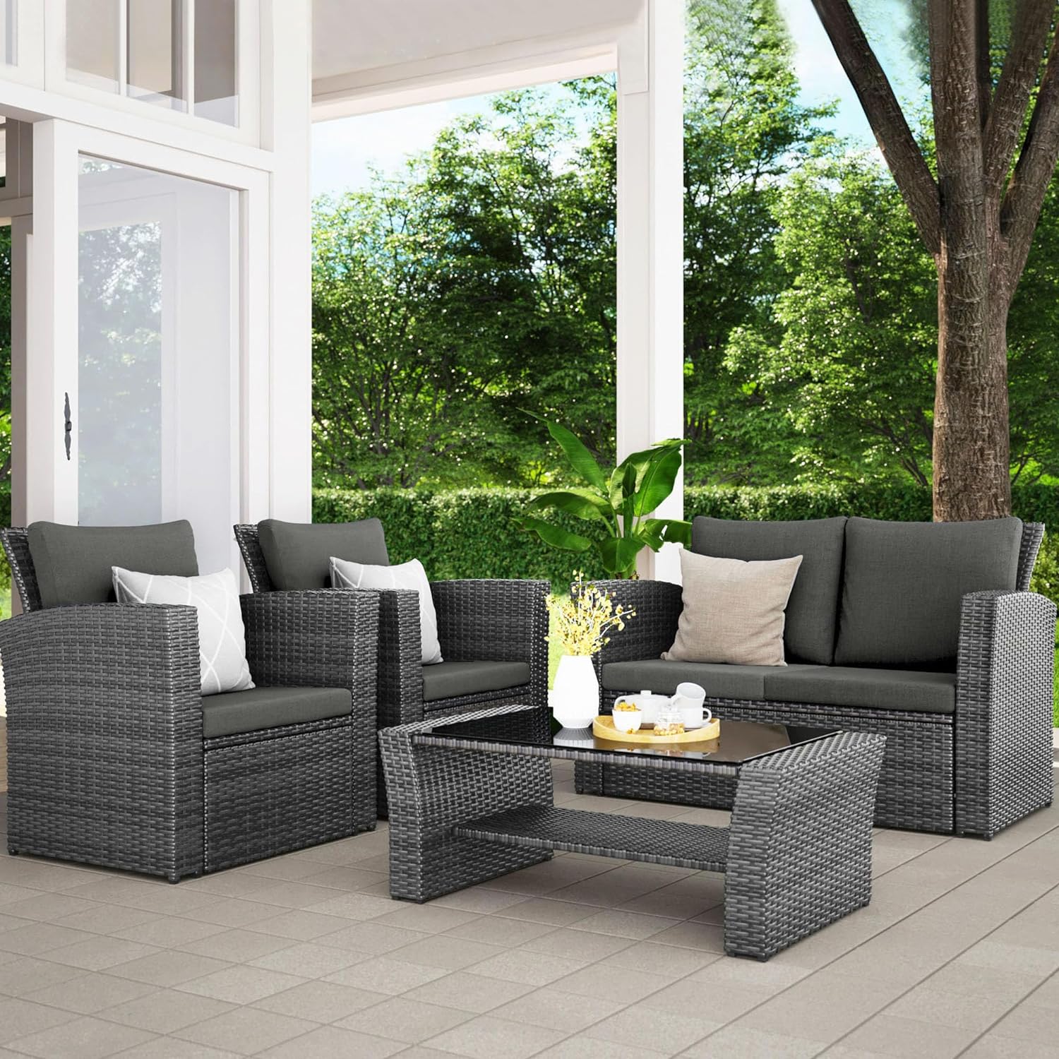 Wisteria Lane 4 Piece Outdoor Patio Furniture Sets, Wicker Conversation Set for Porch Deck, Grey Rattan Sofa Chair with Cushion Blue - Image 39