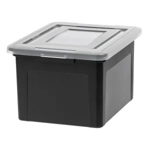 Letter & Legal Size Plastic Storage Bin Tote Organizing File Box with Durable and Secure Latching Lid, Stackable and Nestable, Black,580077