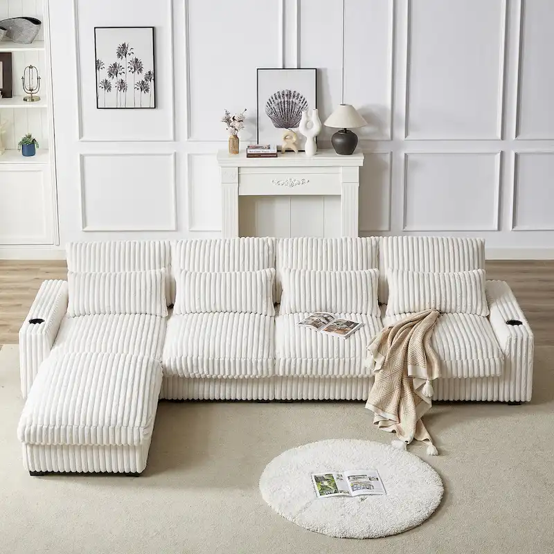 126W Large L-Shaped Corduroy Sofa with USB Charging Port - Image 13