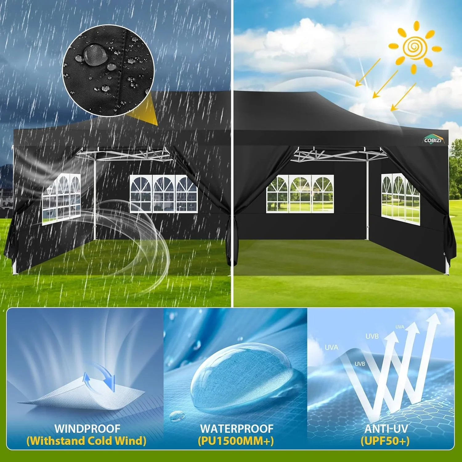 COBIZI 10x20 Heavy Duty Pop up Canopy Tent with 6 sidewalls Easy Up Commercial Outdoor Canopy Wedding Party Tents for Parties All Season Wind & Waterproof Gazebo with Roller Bag,Black(Frame Thickened) - Image 217