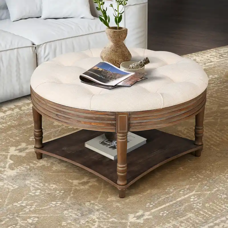 Round Storage Ottoman Coffee Table with Tufted Seat and Wooden Base - Image 2