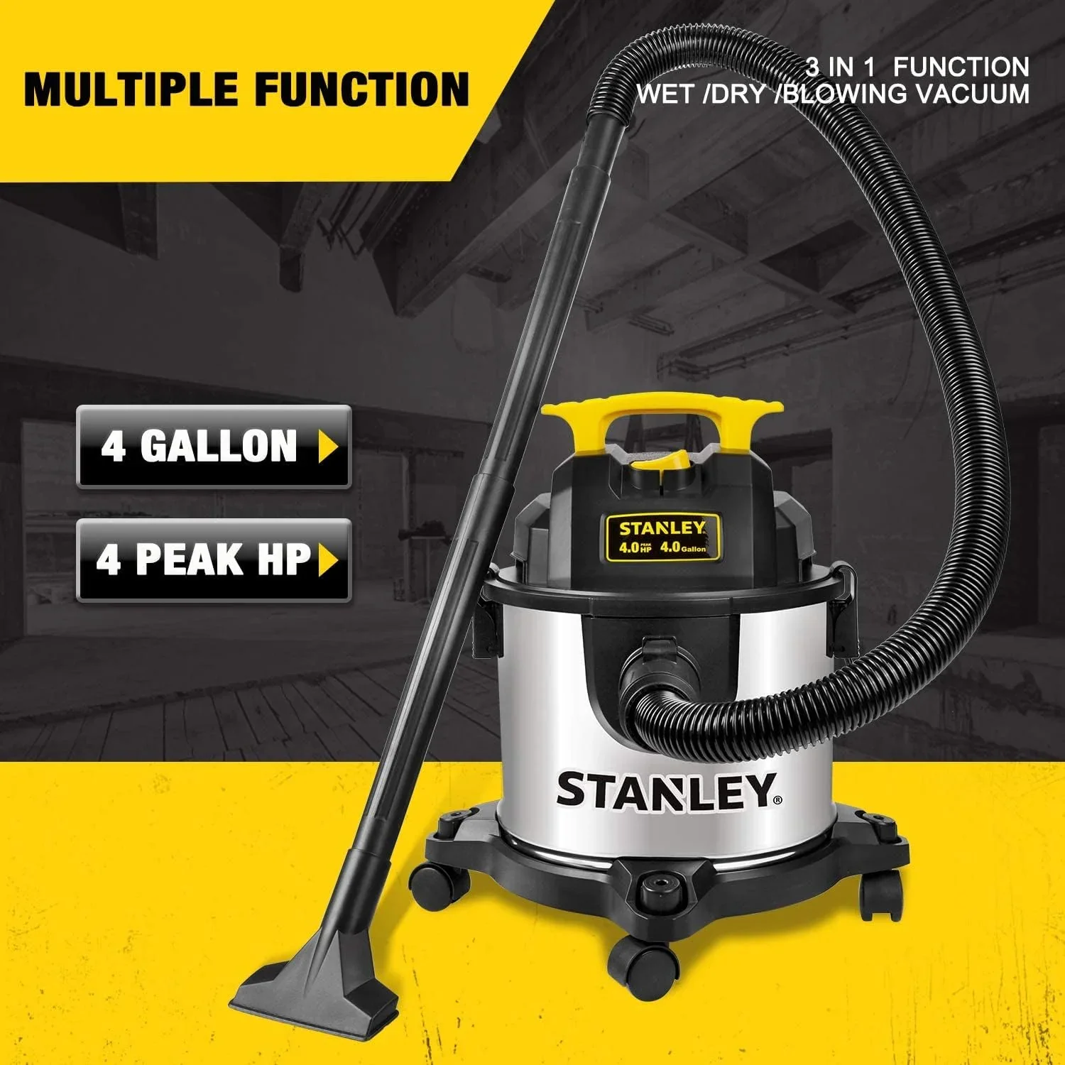 4 Gallon Wet Dry Vacuum, 4 Peak HP Stainless Steel 3 in 1 Shop Vacuum Blower with Powerful Suction, Vacuum for Job Site, Garage, Basement, Workshop - Image 4