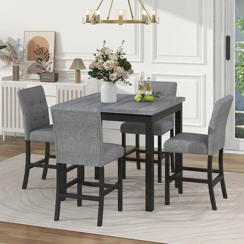 5 Piece Counter Height Dining Set, Wood Dining Table Set with Rectangle Table and 4 Upholstered High Back Chairs