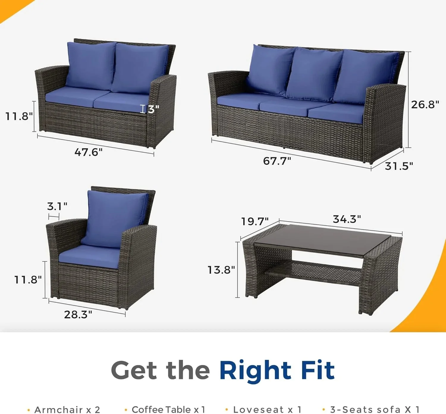 Wisteria Lane 4 Piece Outdoor Patio Furniture Sets, Wicker Conversation Set for Porch Deck, Grey Rattan Sofa Chair with Cushion Blue - Image 5