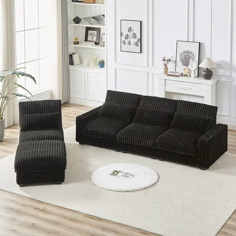 126W Large L-Shaped Corduroy Sofa with USB Charging Port - Image 5