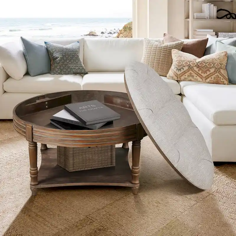 Round Storage Ottoman Coffee Table with Tufted Seat and Wooden Base - Image 5