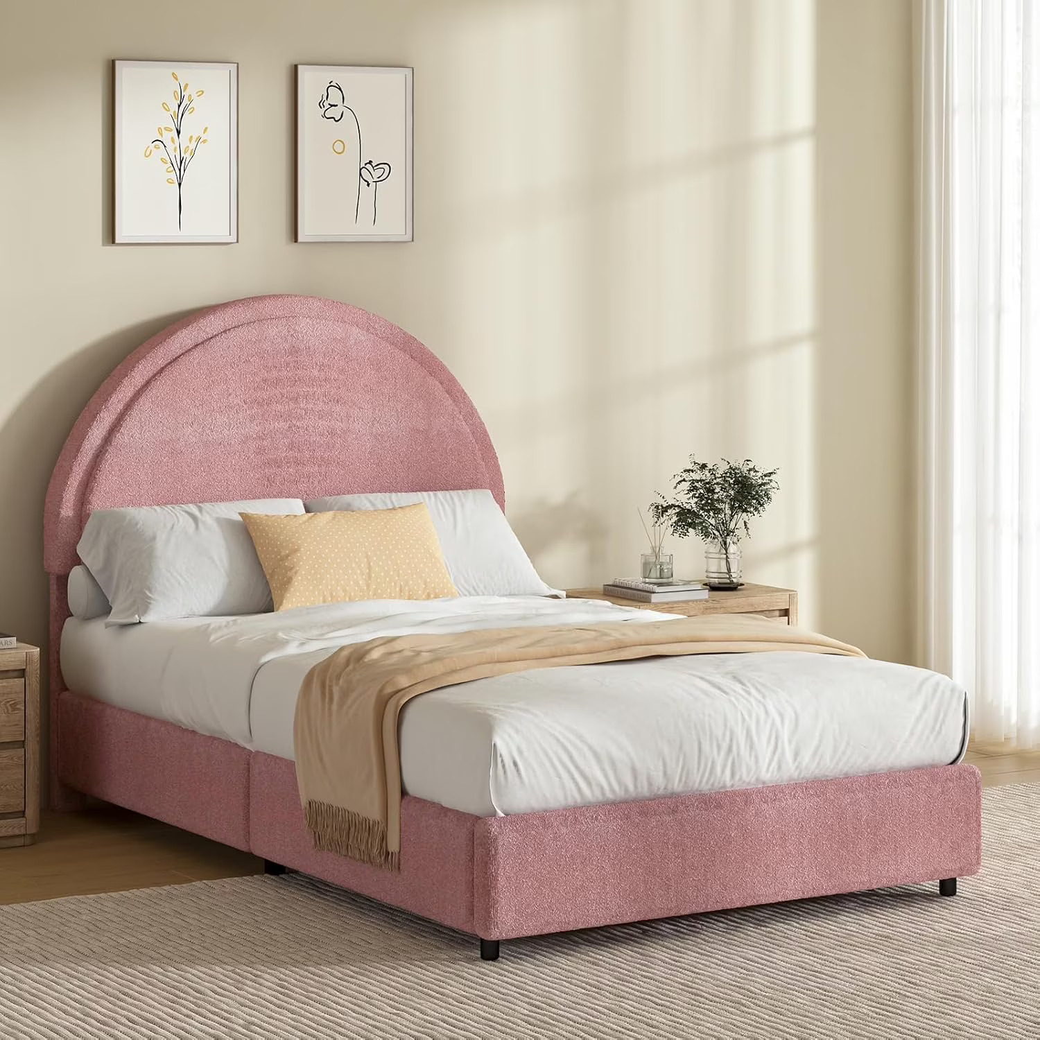 4 EVER WINNER Queen Size Bed Frame, Boucle Upholstered Bed Frame with Headboard, White Queen Bed Frame, White - Image 5