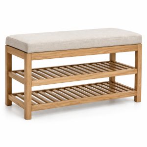 Oak Shoe Storage Bench with Oatmeal Seat Cushion