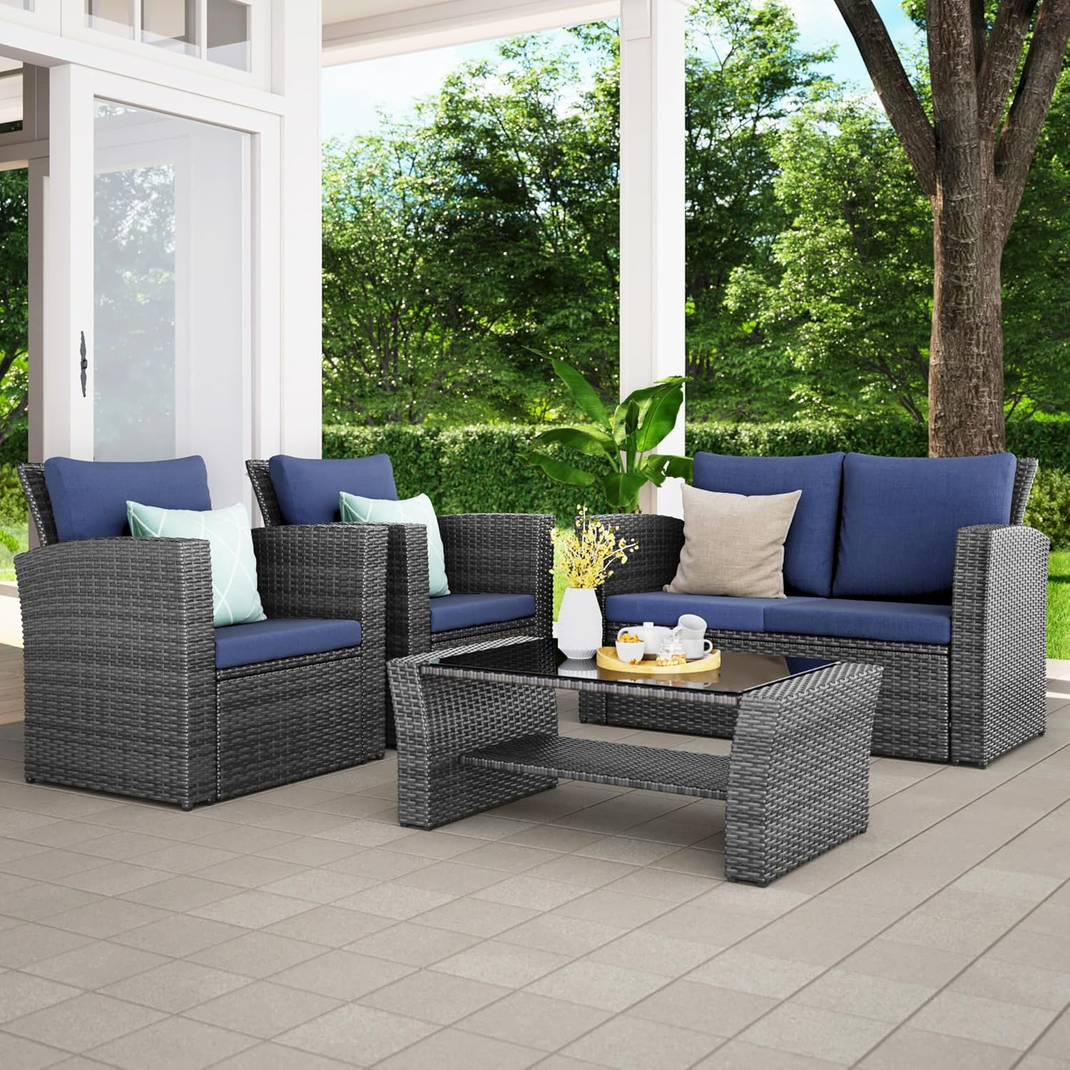 Wisteria Lane 4 Piece Outdoor Patio Furniture Sets, Wicker Conversation Set for Porch Deck, Grey Rattan Sofa Chair with Cushion Blue - Image 22