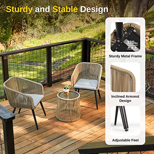 Patio Furniture Set 3-Piece Outside Bistro Set Handwoven Rattan Wicker Chairs with Waterproof Cushions Tempered Glass Table Outdoor Conversation Set for Porch Brown & Light Grey - Image 6
