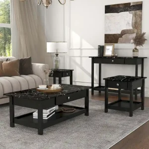 Denhour DH BASIC 4-Piece Open-Shelf Coffee Table Set with Drawer in Transitional Rubberwood