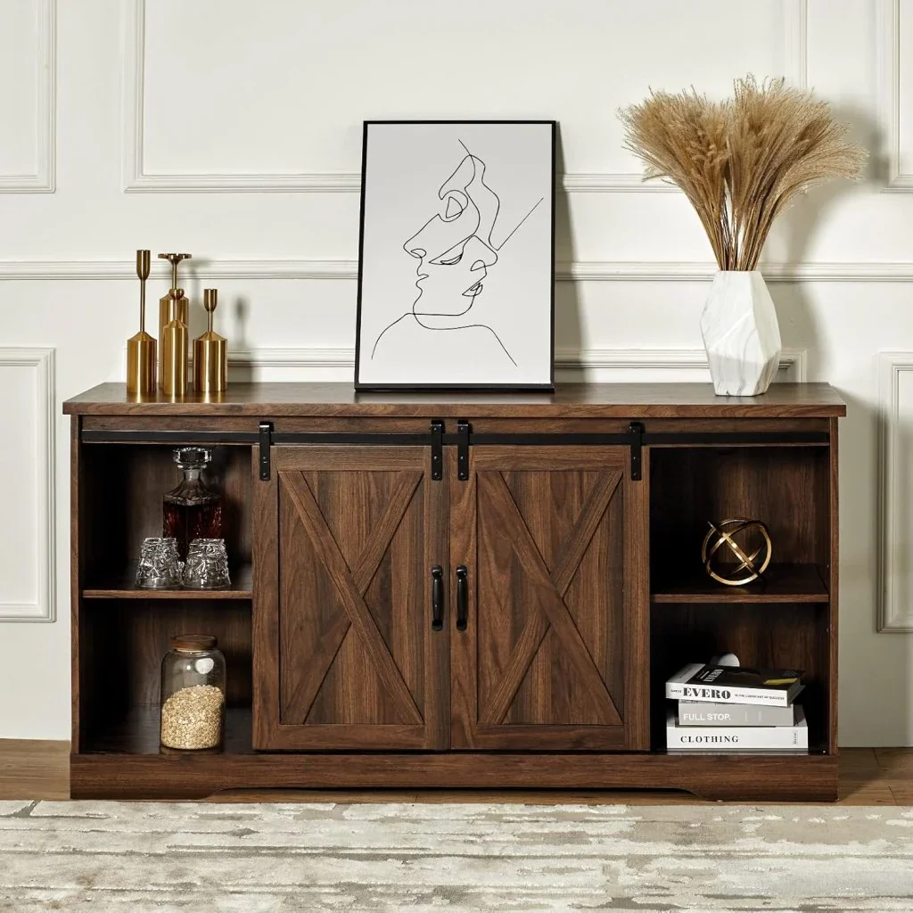 AMERLIFE Fireplace TV Stand with Sliding Barn Door for TVs up to 73", Farmhouse 63" Fireplace Entertainment Center with Storage Cabinets/Adjustable Shelves - Image 20