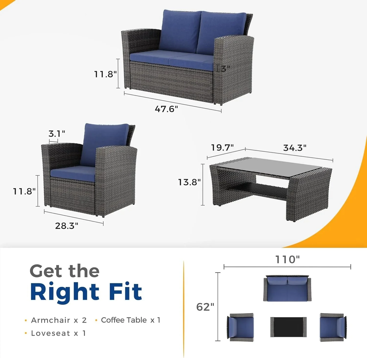 Wisteria Lane 4 Piece Outdoor Patio Furniture Sets, Wicker Conversation Set for Porch Deck, Grey Rattan Sofa Chair with Cushion Blue - Image 23
