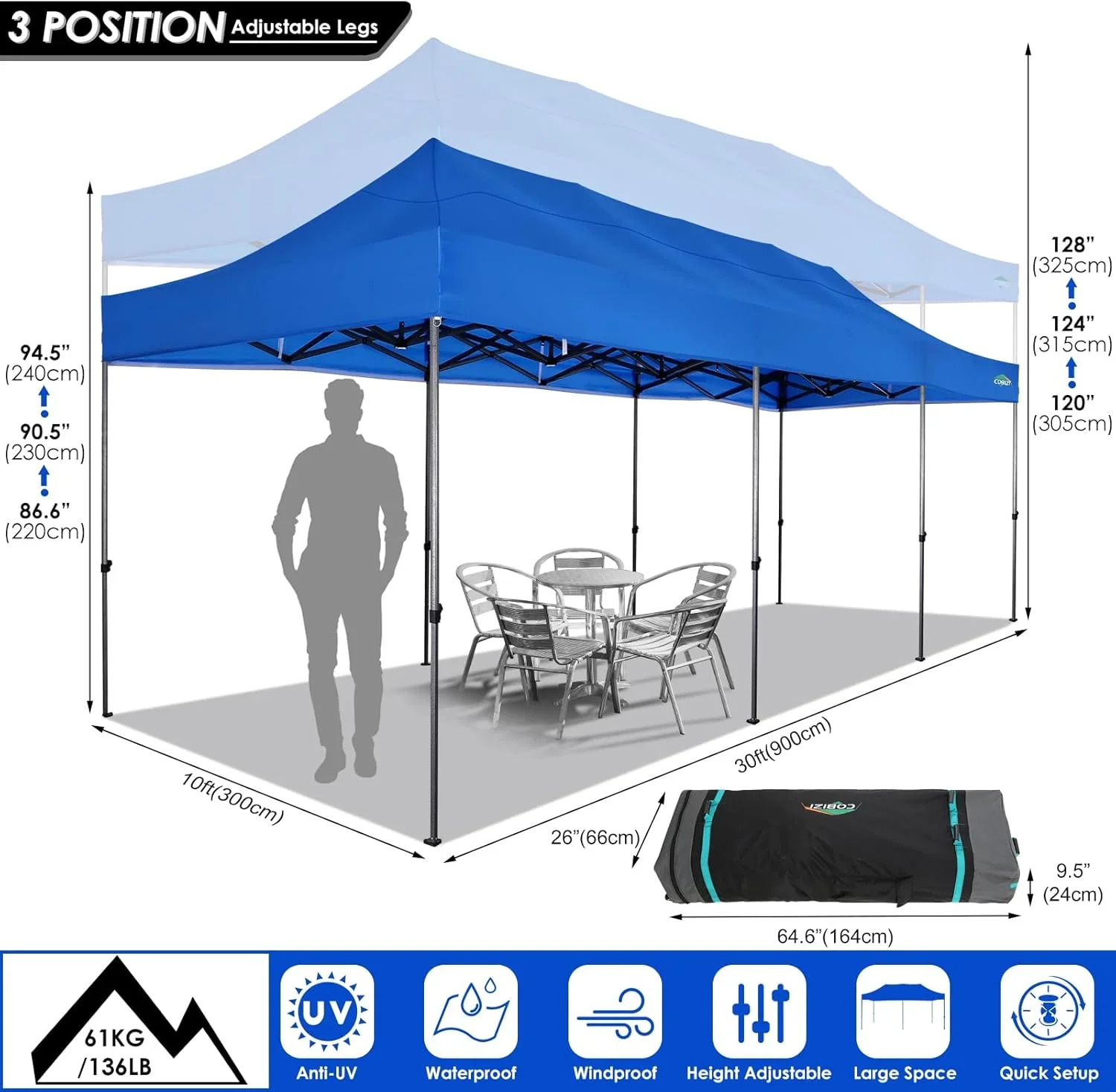 COBIZI 10x20 Heavy Duty Pop up Canopy Tent with 6 sidewalls Easy Up Commercial Outdoor Canopy Wedding Party Tents for Parties All Season Wind & Waterproof Gazebo with Roller Bag,Black(Frame Thickened) - Image 94