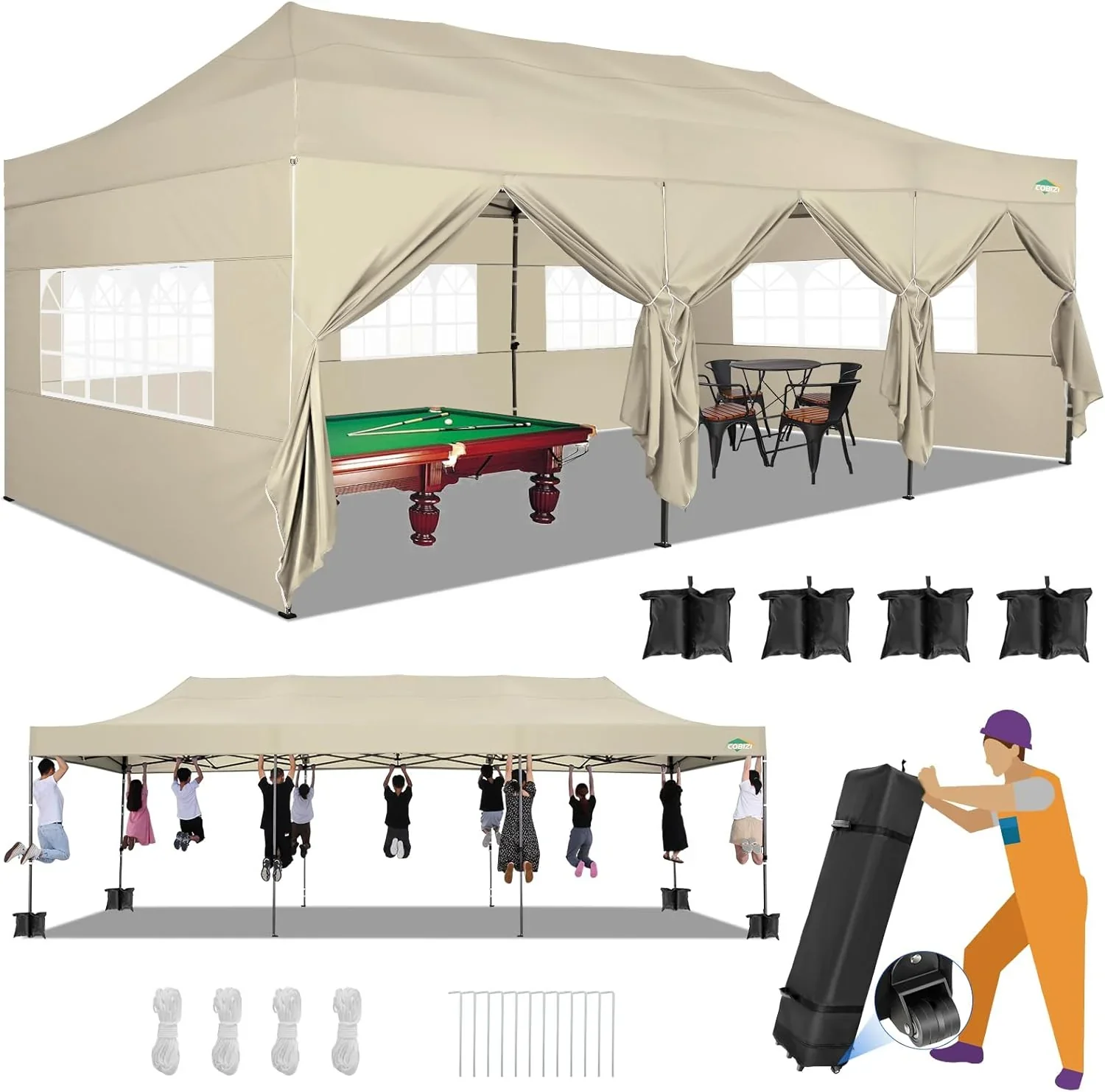 COBIZI 10x20 Heavy Duty Pop up Canopy Tent with 6 sidewalls Easy Up Commercial Outdoor Canopy Wedding Party Tents for Parties All Season Wind & Waterproof Gazebo with Roller Bag,Black(Frame Thickened) - Image 14