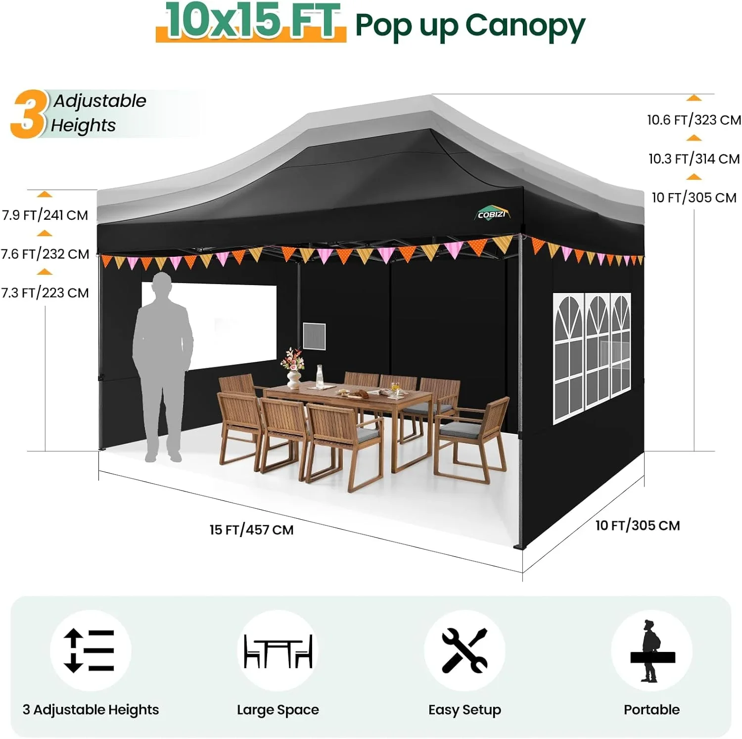 COBIZI 10x20 Heavy Duty Pop up Canopy Tent with 6 sidewalls Easy Up Commercial Outdoor Canopy Wedding Party Tents for Parties All Season Wind & Waterproof Gazebo with Roller Bag,Black(Frame Thickened) - Image 129