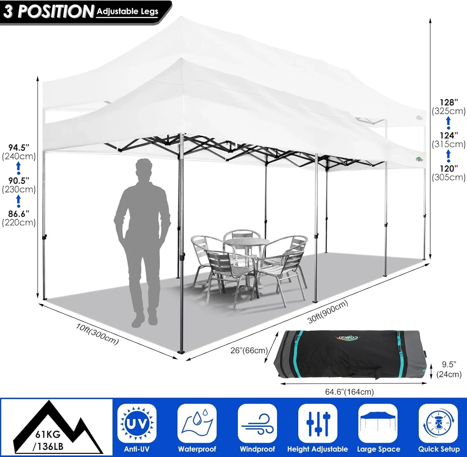 COBIZI 10x20 Heavy Duty Pop up Canopy Tent with 6 sidewalls Easy Up Commercial Outdoor Canopy Wedding Party Tents for Parties All Season Wind & Waterproof Gazebo with Roller Bag,Black(Frame Thickened) - Image 88