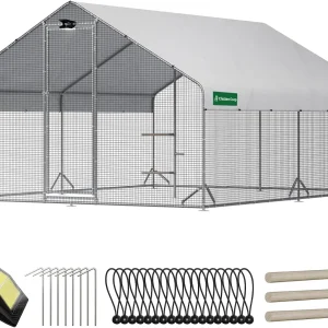 Large Walk-in Metal Chicken Coop with Run, Solar Light, UV Cover