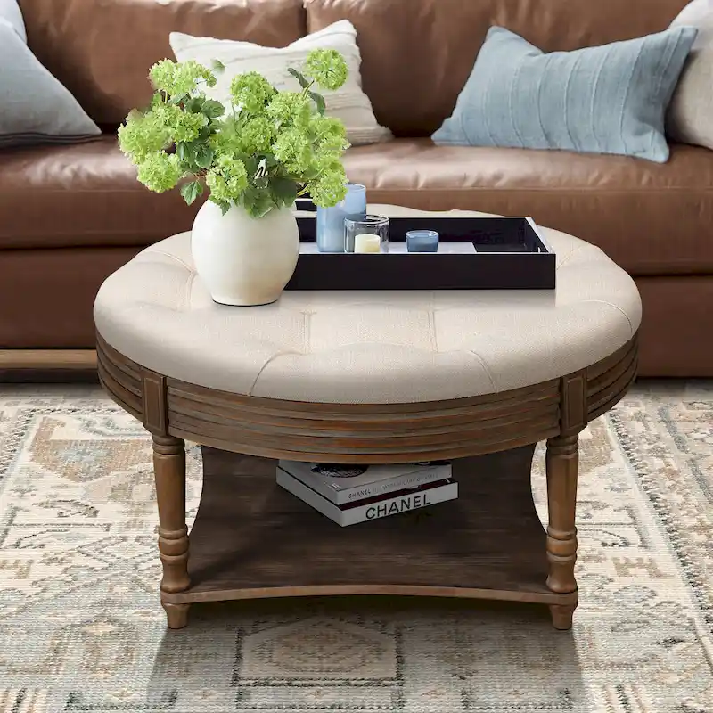 Round Storage Ottoman Coffee Table with Tufted Seat and Wooden Base - Image 13