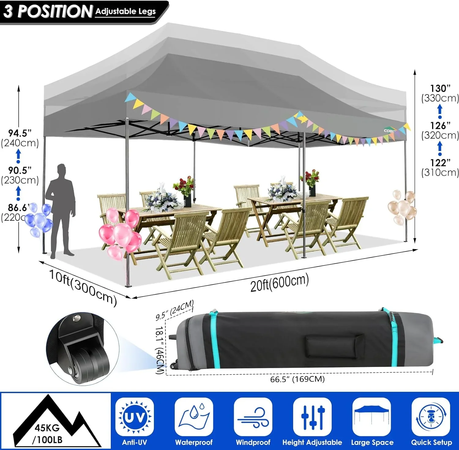 COBIZI 10x20 Heavy Duty Pop up Canopy Tent with 6 sidewalls Easy Up Commercial Outdoor Canopy Wedding Party Tents for Parties All Season Wind & Waterproof Gazebo with Roller Bag,Black(Frame Thickened) - Image 195