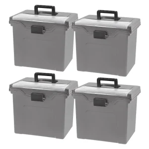 Portable Letter Plastic File Box w/Organizer Lid, Gray, 4Pk