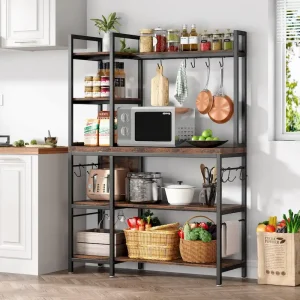 43-Inch Kitchen Bakers Rack with Microwave Stand - 5-Tier Utility Storage Shelf and 10 Hooks for Kitchen and Living Room