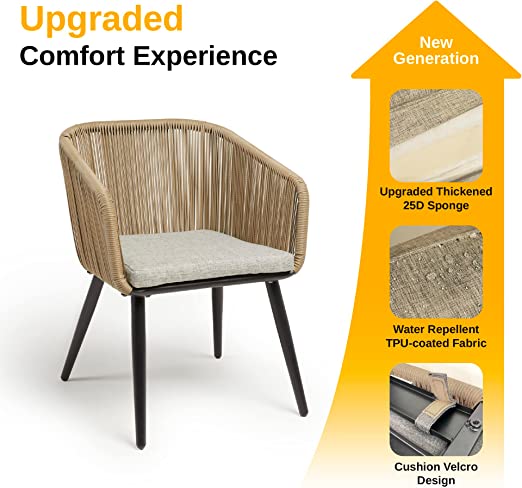 Patio Furniture Set 3-Piece Outside Bistro Set Handwoven Rattan Wicker Chairs with Waterproof Cushions Tempered Glass Table Outdoor Conversation Set for Porch Brown & Light Grey - Image 7
