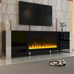 Contemporary Black 68.1" TV Stand with Fireplace and 2 Spacious Cabinets for TVs Up to 78"