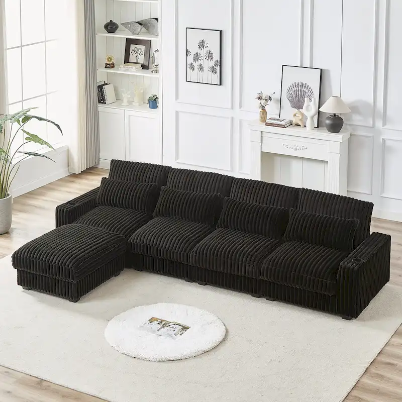 126W Large L-Shaped Corduroy Sofa with USB Charging Port - Image 3