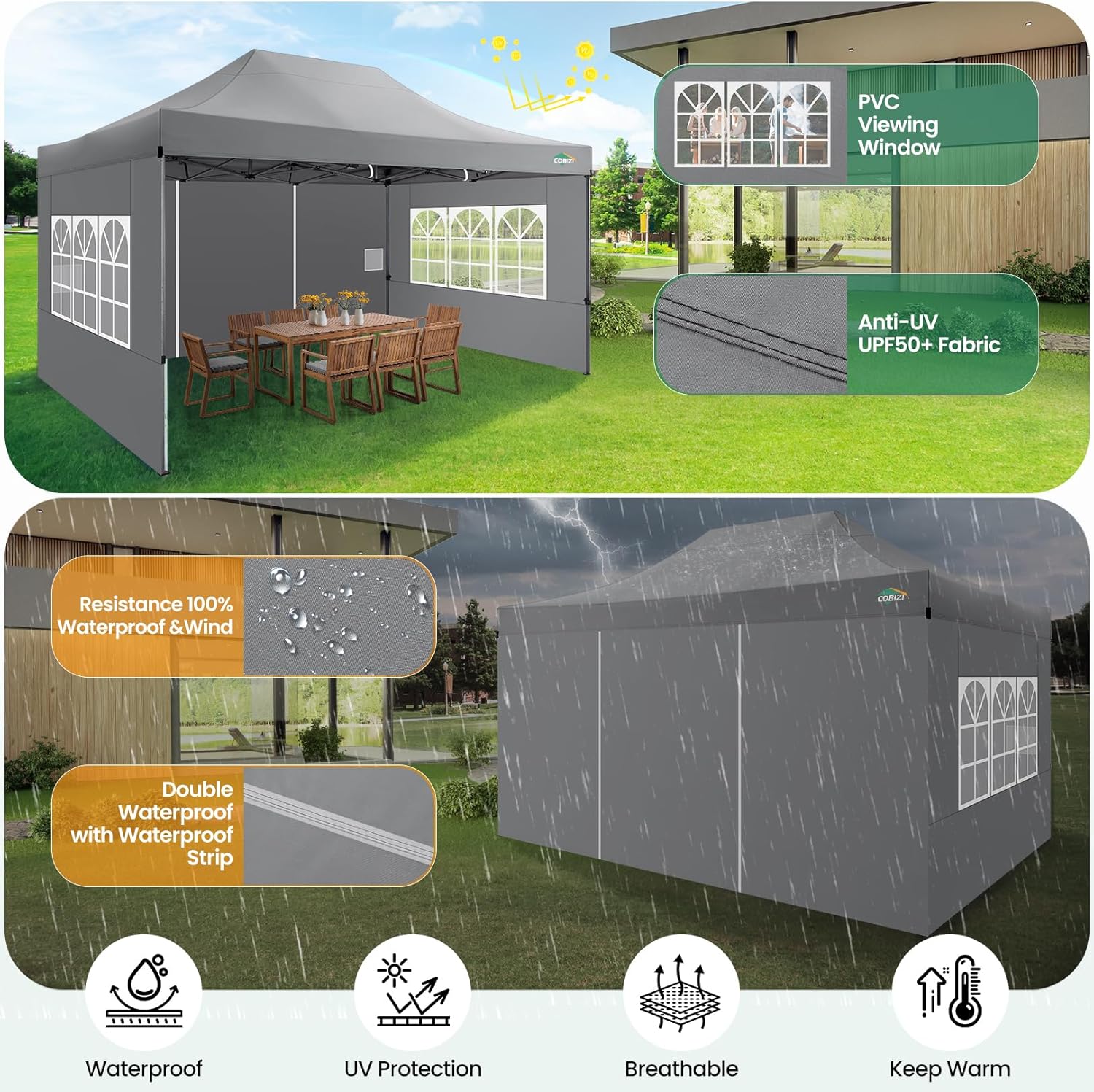 COBIZI 10x20 Heavy Duty Pop up Canopy Tent with 6 sidewalls Easy Up Commercial Outdoor Canopy Wedding Party Tents for Parties All Season Wind & Waterproof Gazebo with Roller Bag,Black(Frame Thickened) - Image 86