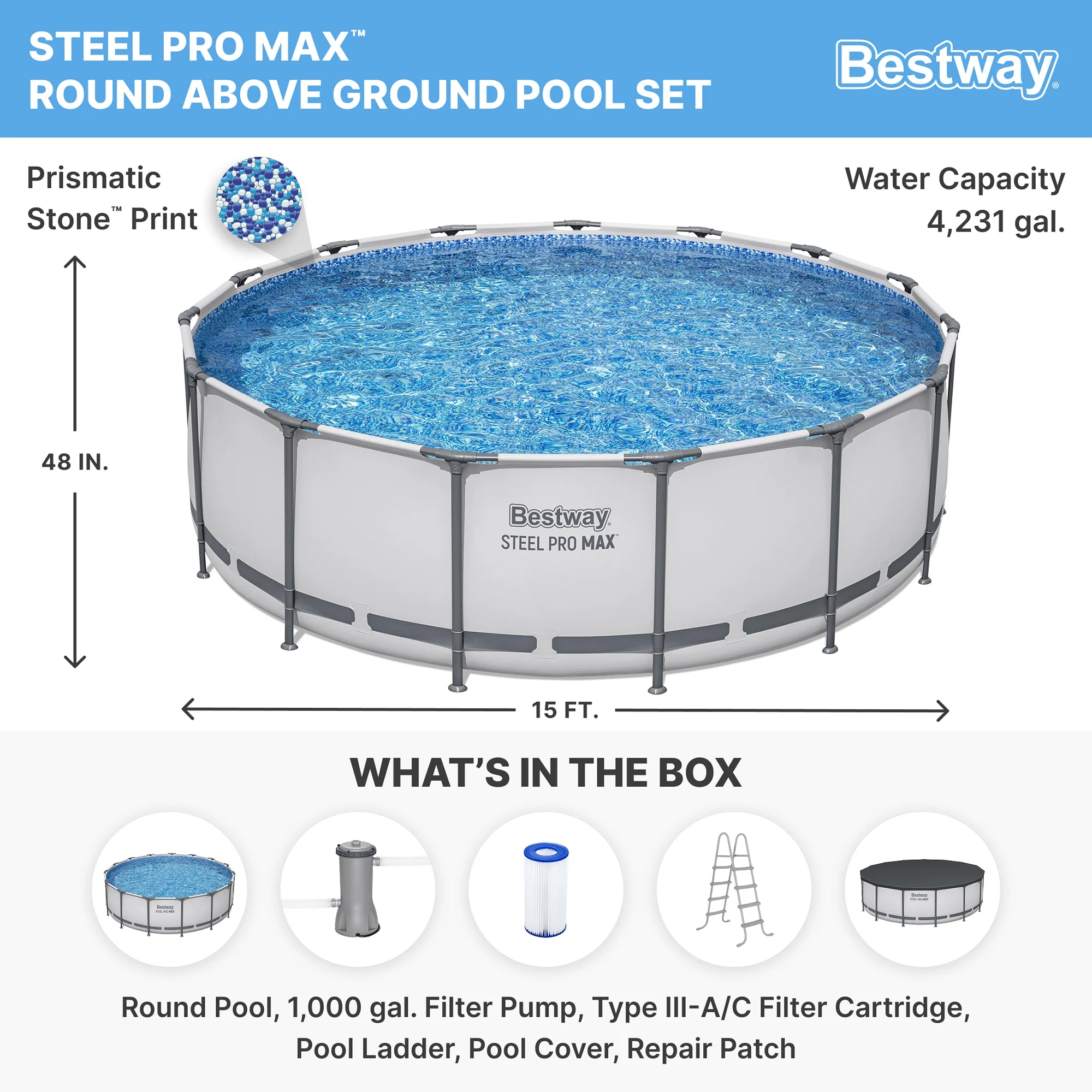 Bestway: Steel Pro MAX 15' X 48" Above Ground Pool Set - 4231 Gallon, Outdoor Family Pool, Corrosion & Puncture Resistant, Includes Filter, Pump, Ladder & Cover - Image 2