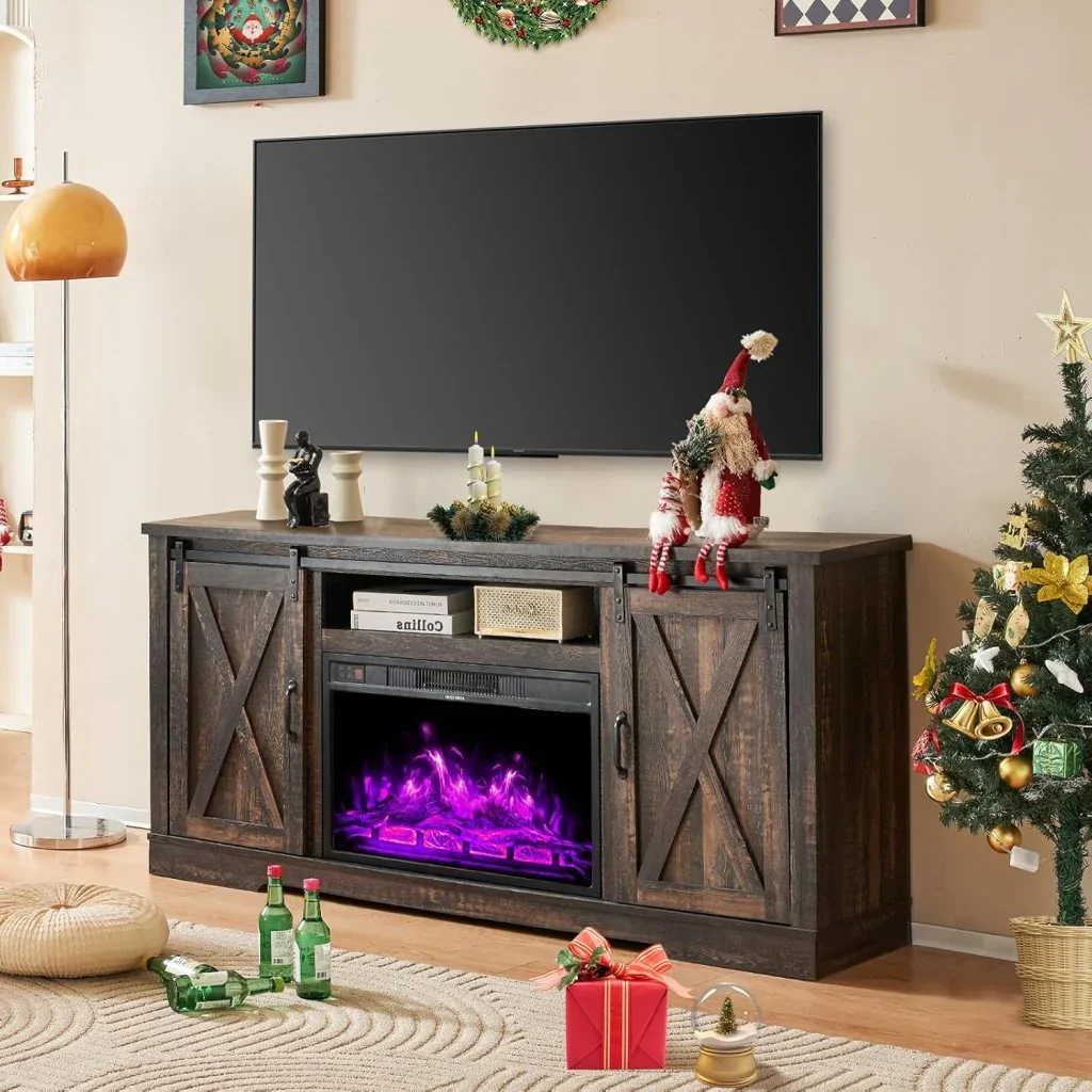 AMERLIFE Fireplace TV Stand with Sliding Barn Door for TVs up to 73", Farmhouse 63" Fireplace Entertainment Center with Storage Cabinets/Adjustable Shelves - Image 44