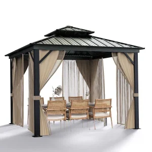 10x10 Hardtop Gazebo with double metal roof, aluminum frame, net, and curtain. All-weather, ideal for patio, deck, garden, backyard. Khaki.