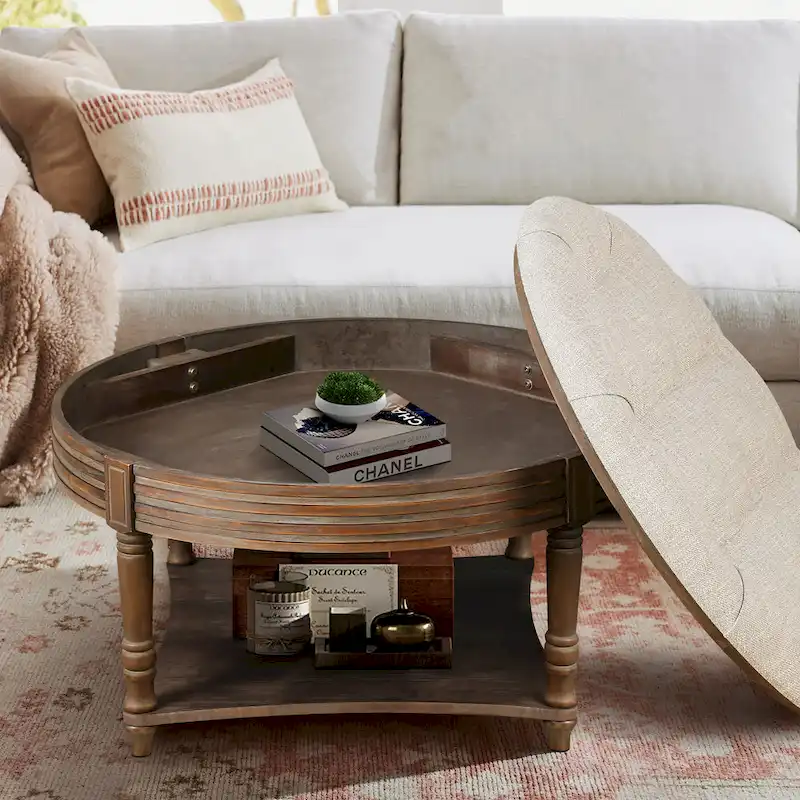 Round Storage Ottoman Coffee Table with Tufted Seat and Wooden Base - Image 14