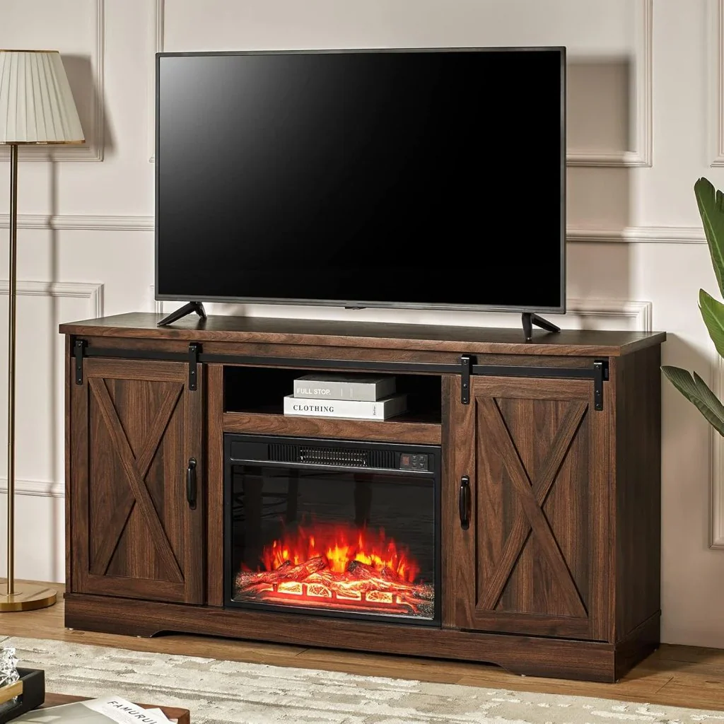 AMERLIFE Fireplace TV Stand with Sliding Barn Door for TVs up to 73", Farmhouse 63" Fireplace Entertainment Center with Storage Cabinets/Adjustable Shelves - Image 5