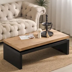 Versatile 2-Tier Coffee Table in Black and Natural Wood for Living Room