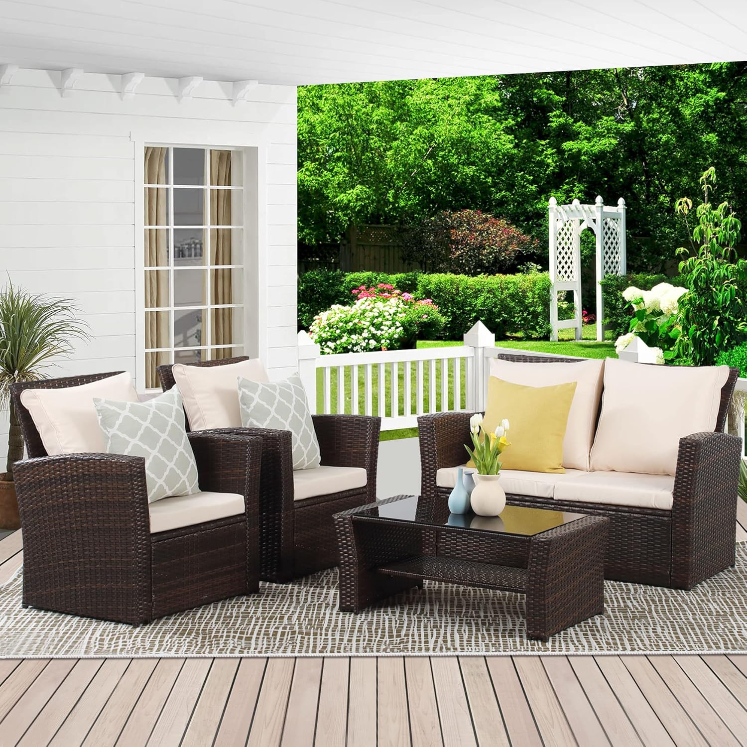 Wisteria Lane 4 Piece Outdoor Patio Furniture Sets, Wicker Conversation Set for Porch Deck, Grey Rattan Sofa Chair with Cushion Blue - Image 8