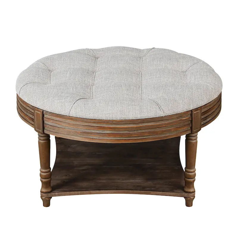 Round Storage Ottoman Coffee Table with Tufted Seat and Wooden Base - Image 10