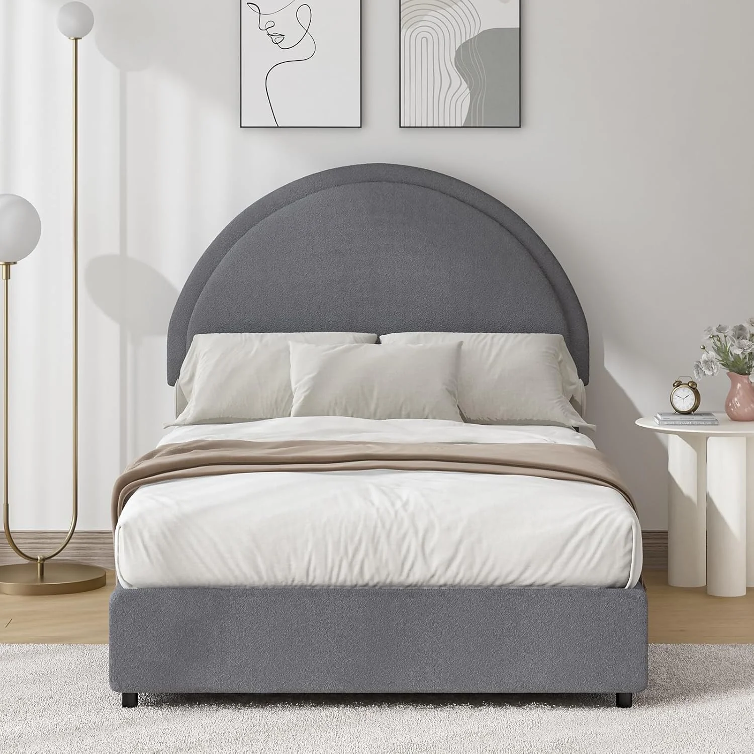 4 EVER WINNER Queen Size Bed Frame, Boucle Upholstered Bed Frame with Headboard, White Queen Bed Frame, White - Image 15